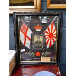 Japanese serviceman's memorial photograph and embroidered flags