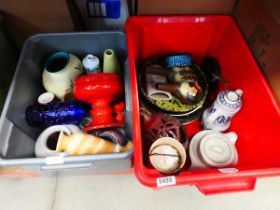 2 boxes containing studio pottery, onyx vase plus platters and teapots