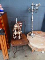 Metal chair, lantern holder and candlestick Candlestick with broken branch