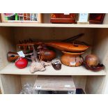 Quantity of treen to include bowls, vases, pomegranate and mushroom ornaments, mask plus a mandolin