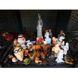 Cage containing Buddha figures, Nao style lady, teapot, Toby jug and china