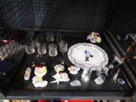 Cage containing ornamental posies, sherry glasses, glass animal figures and French revolution
