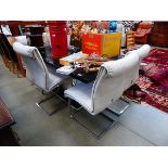 Black painted dining table, plus six leather effect dining chairs