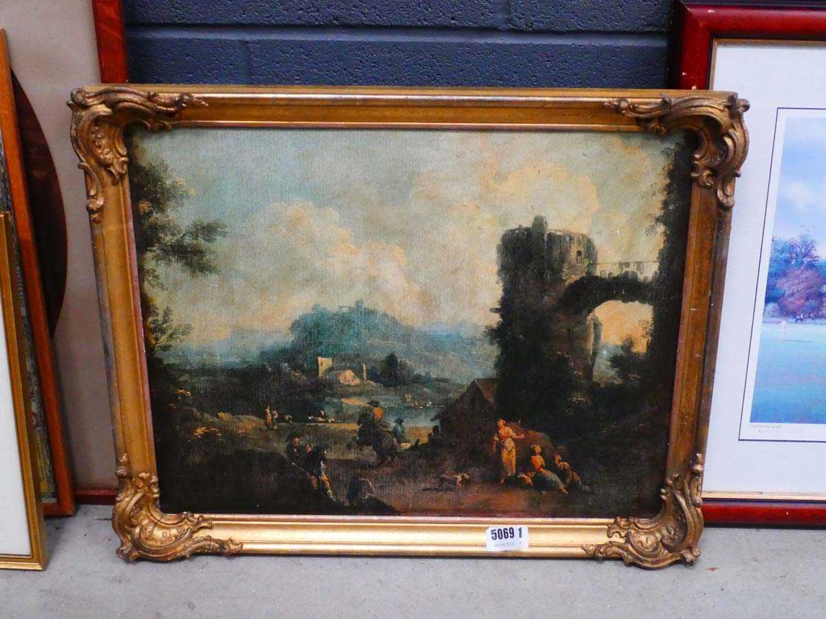 Print of classical scene of ruins and figures in foreground