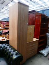 Beech finished narrow wardrobe, 3 draw bedside cabinet plus a chest of 3 drawers
