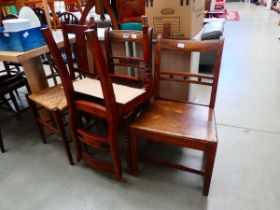 Three elm seated dining chairs plus a chair with strung seat