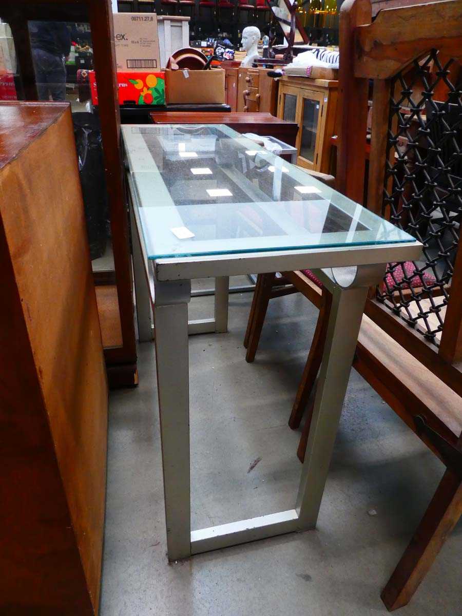 Metal and glazed console table plus a side table