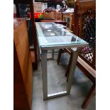 Metal and glazed console table plus a side table