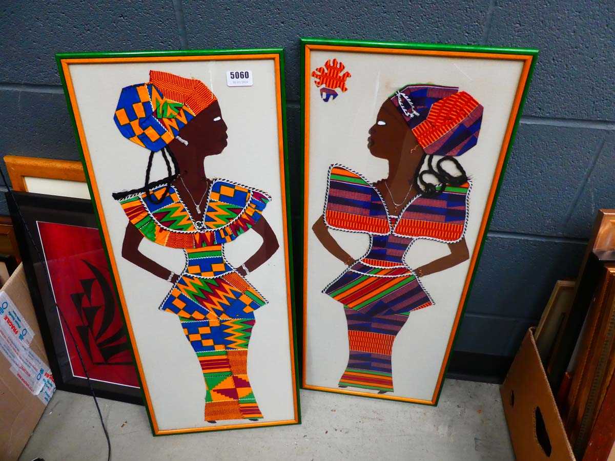 Pair of composite fabric African pictures depicting ladies