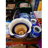 Box of blue/white chamber pot, plant pot plus dishes, vases and ornamental figures