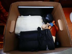 Box containing Homepride figures. thermos flask, silver plated photo frames, wine stopper and cheese