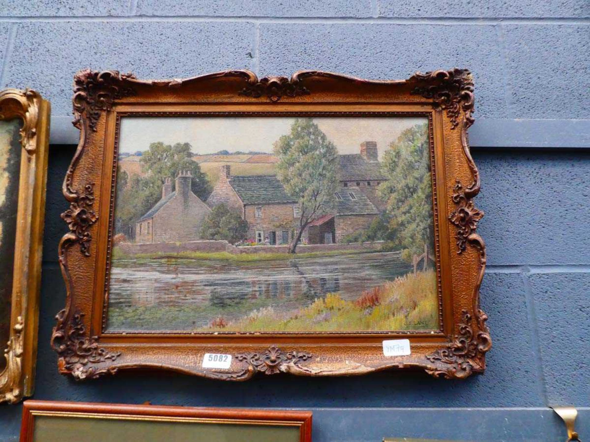 Oil on board - stream and country cottages