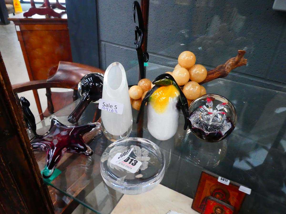 Small quantity of paperweights, penguin and other ornaments plus artificial grapes