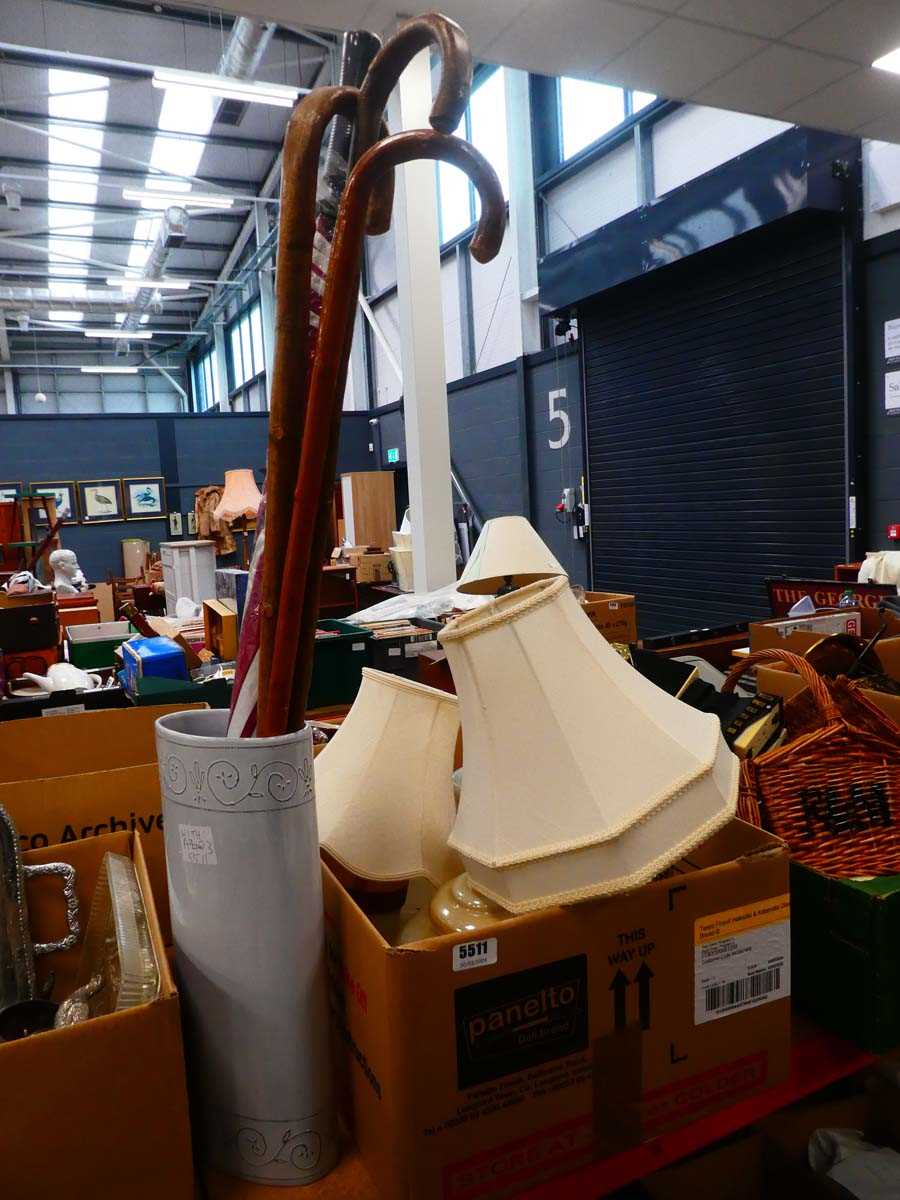 Pottery stand with umbrella and walking sticks plus box containing lights and fittings