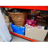 5 boxes and a basket of coffee mugs, ornamental figures and general household goods