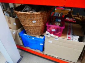5 boxes and a basket of coffee mugs, ornamental figures and general household goods