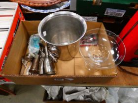 Box containing goblets, loose cutlery and ice bucket