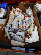 3 boxes of ornamental posies, Nao style figures, candlesticks and treen