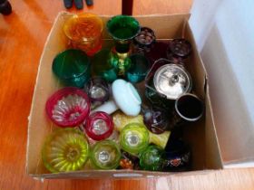 Box containing Venetian and other coloured glasses plus vases and a sugar bowl