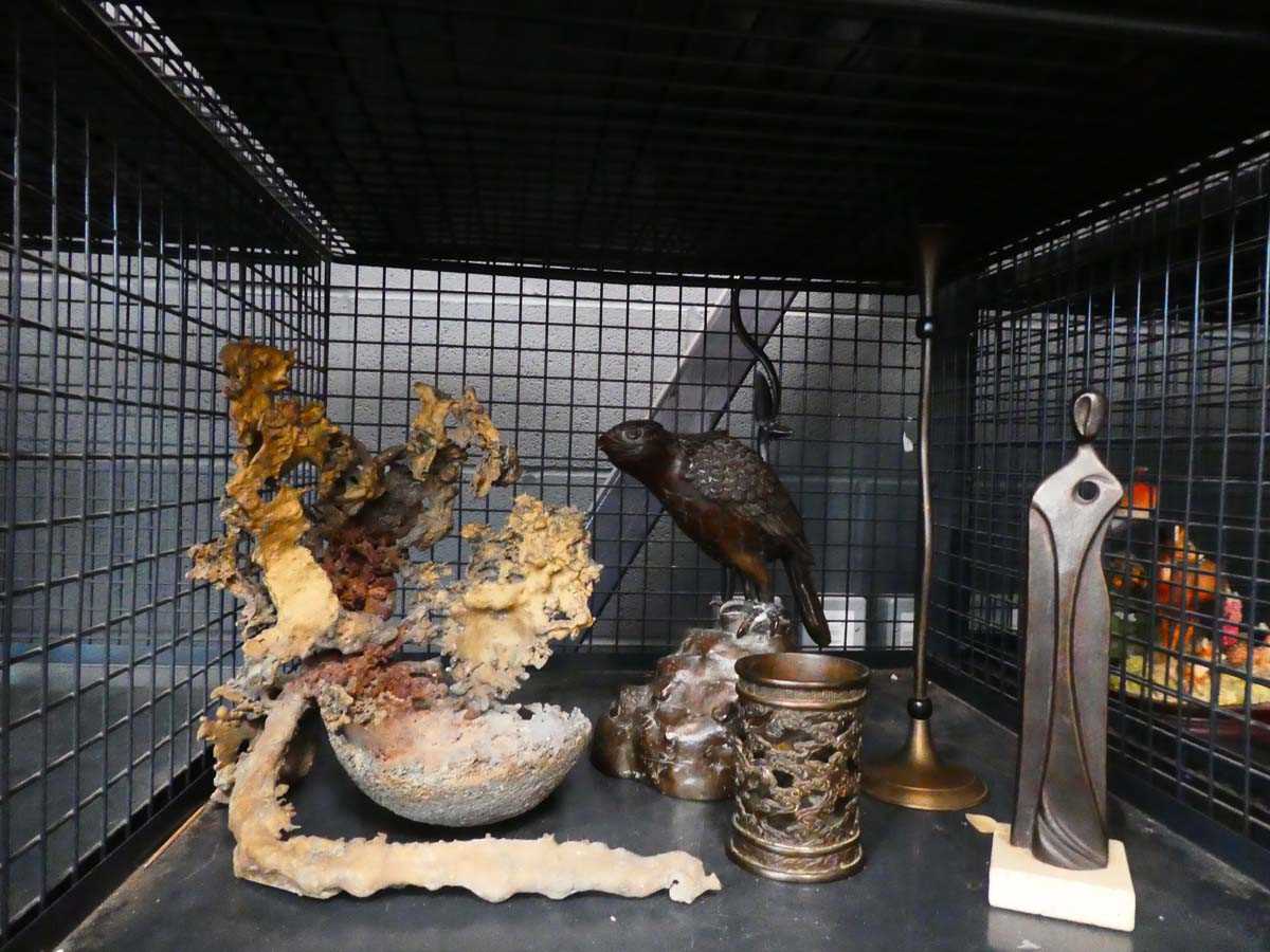 Cage containing ornamental animal figures plus metal bowl
