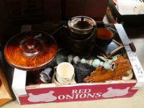 Box containing treen, biscuit barrel, picture frames and crockery