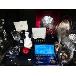 Cage containing cased teaspoons, Charles & Diana commemorative plate, Ainsley vase, cool box and