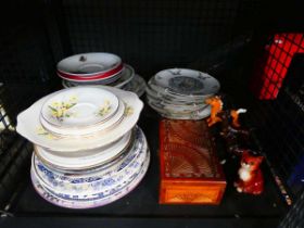 Cage of Royal Doulton and Beswick animal figures plus floral patterned crockery and wooden trinket