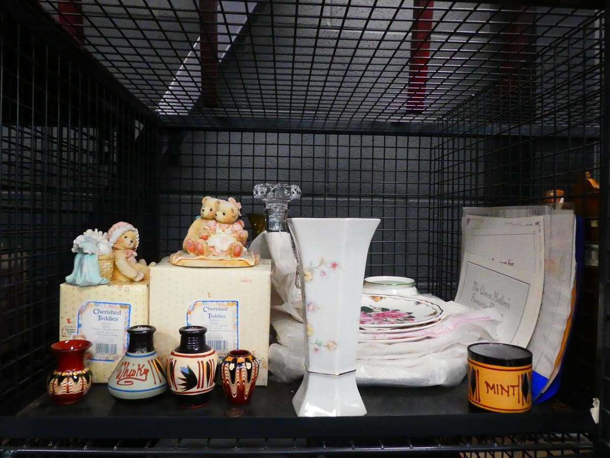Cage of Cherished teddies, floral patterned crockery and decanter