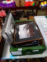 Box of maps, quantity of prints, and picture frames