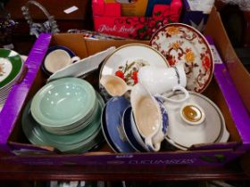 Box containing Beryl patterned Woods Ware crockery plus Meakin and blue and white china