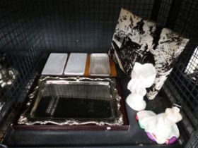 Cage of silver plated tray, wall hanging of steam train, Ainsley lady figurine plus glass dishes and