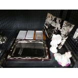 Cage of silver plated tray, wall hanging of steam train, Ainsley lady figurine plus glass dishes and