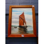 Oil on card - yacht and rowing boat at anchor