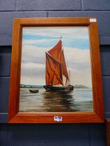Oil on card - yacht and rowing boat at anchor