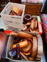 3 x boxes containing a large quantity of treen to include bowls, salad servers and vases