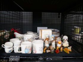 Cage of wade whimsies and Beatrix Potter figures and mugs