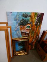 Modern oil on canvas, Mediterranean cottage, plus two picture frames