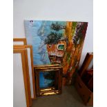 Modern oil on canvas, Mediterranean cottage, plus two picture frames