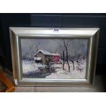 Oil on canvas - mill house in snowy winter scene