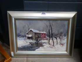 Oil on canvas - mill house in snowy winter scene