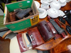 Box containing vintage leather and metal ice skates plus gentlemen's grooming sets and two lawn