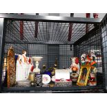 Cage of Staffordshire flatback figures plus a dog, silver plated trinket boxes, candlestick and