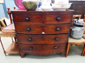 Victorian bow fronted chest of 2 over 3 drawers Veneer and moulding missing in places