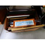 Box containing quantity of prints and paintings, to include woodland birds, rural scenes, and