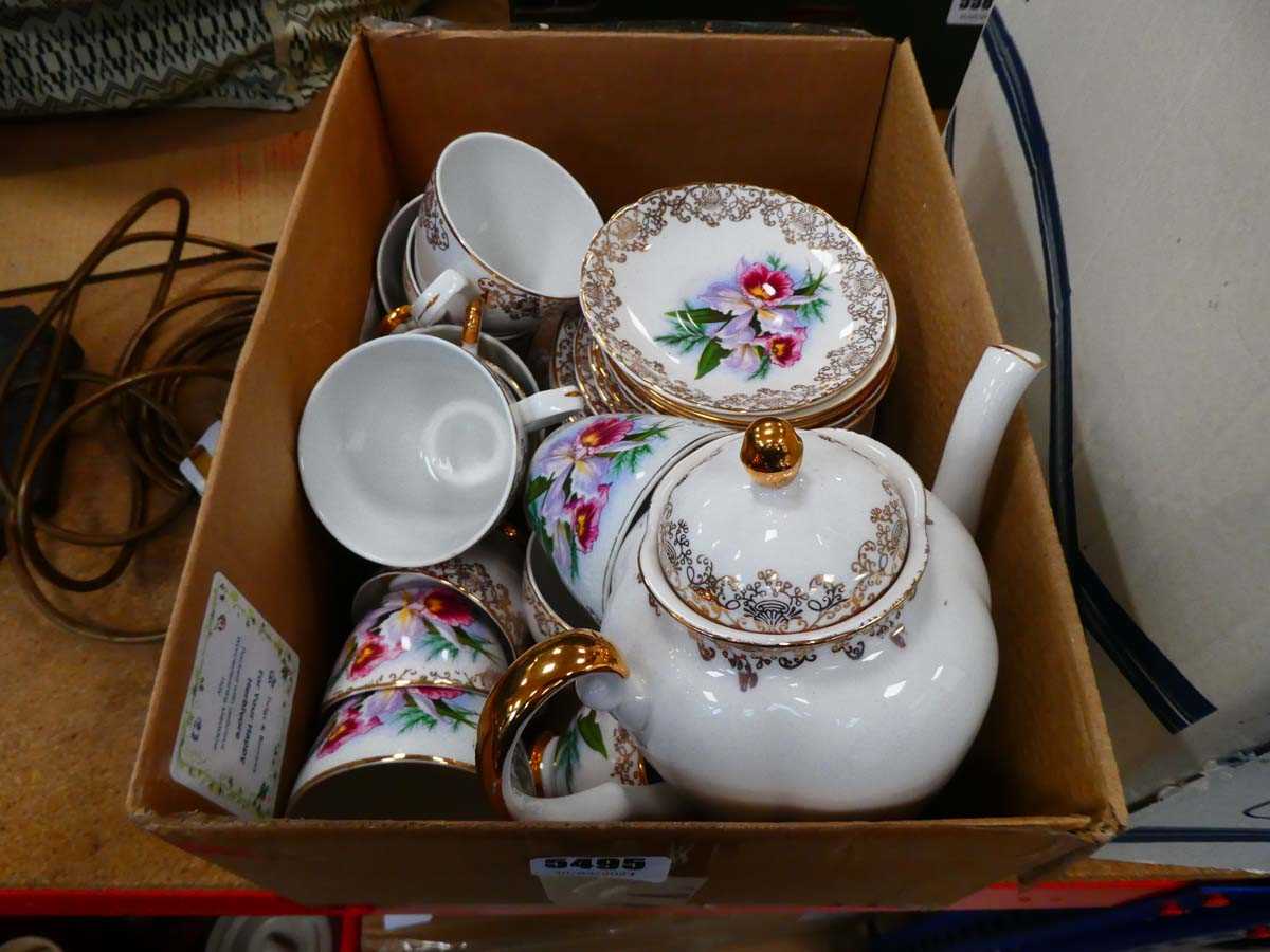Box of Royal Tuscan and other crockery