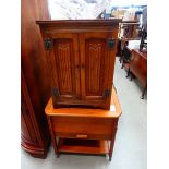 Oak double door cupboard with linenfold panels plus a sewing box