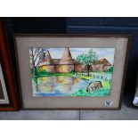 Watercolour - oast houses plus pond and horse