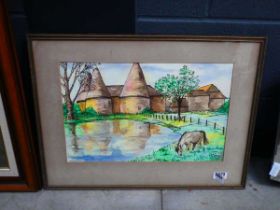 Watercolour - oast houses plus pond and horse