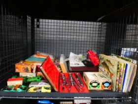 Cage of Brooke Bond and other card albums, geometry set, stamps and die cast vehicles