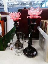 2 table lamps with floral glass shades and figures to the column
